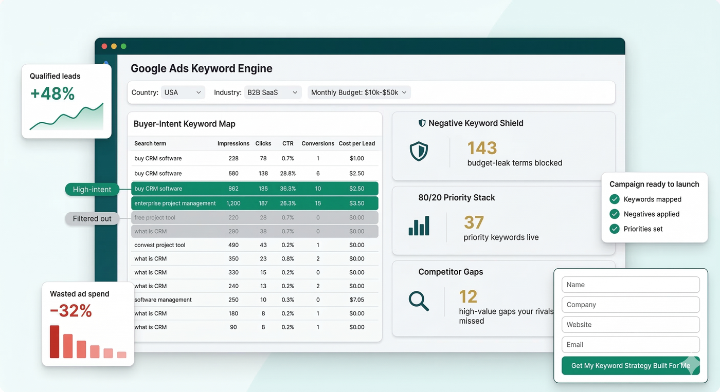 Google Ads keyword research dashboard showing buyer-intent keyword map, negative keyword shield, 80/20 priority stack, and competitor gap analysis — The Checklist Marketing Agency